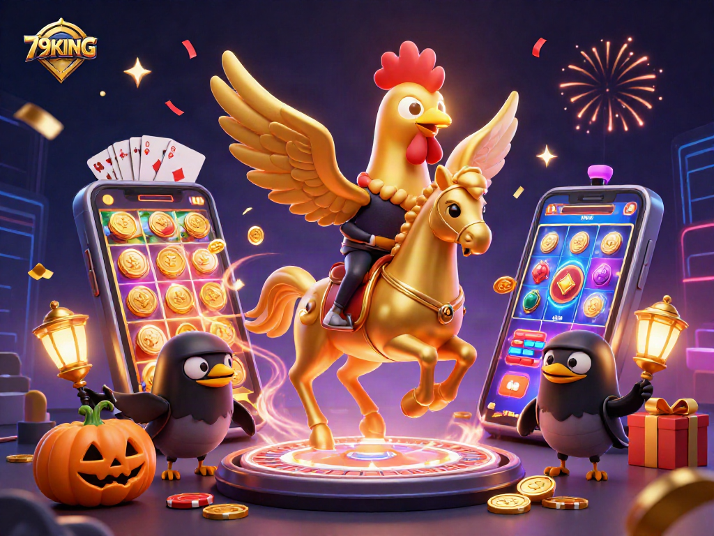 Engage with immersive gameplay at 79KING featuring a golden rooster in a vibrant casino scene.