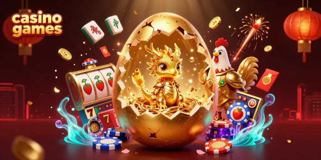 Experience dynamic casino games action with vibrant elements and characters in a golden, celebratory scene.