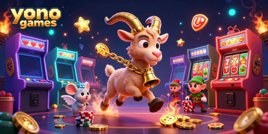 Engaging illustration of Yono Games with a festive Krampus casino scene featuring mischievous characters.