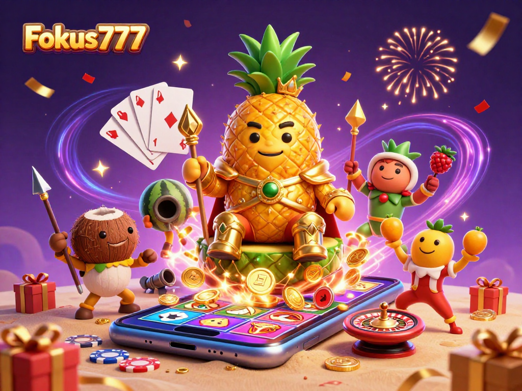 Experience the excitement with Fokus777 in a vibrant 3D casino scene full of joy and game action!