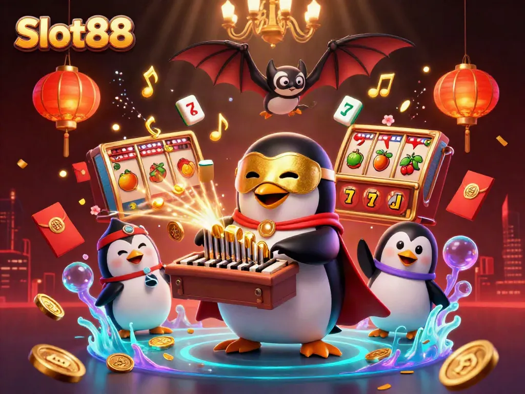 Slot88 game scene showcasing exciting slot elements with a whimsical cartoon penguin playing an organ