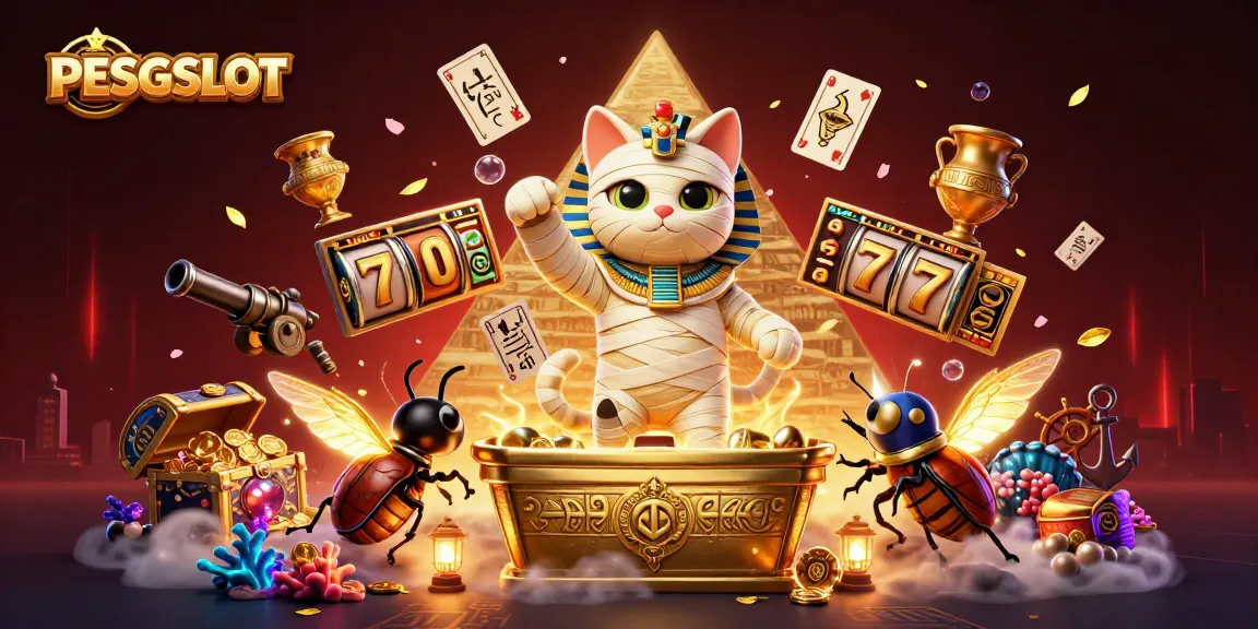 PESGSLOT brings excitement alive with a mummy cat and treasures in a vibrant casino scene.
