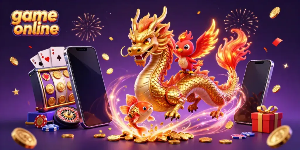 Experience the thrill of game online with a colorful dragon, phoenix, and koi fish amid casino excitement.