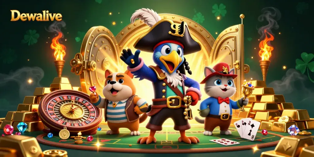 Dewalive casino illustration showcasing a lively pirate scene with roulette and gaming elements.