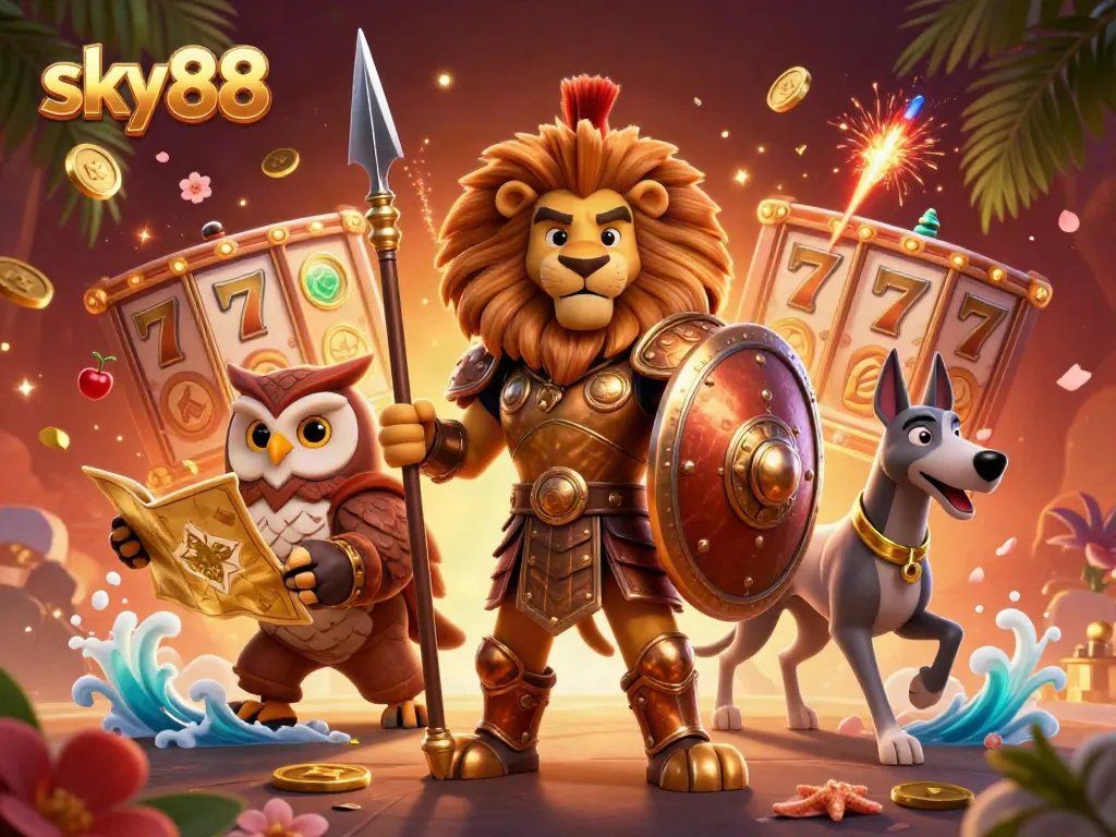 Experience thrilling moments at sky88 with a vibrant scene of heroic characters amidst casino elements.