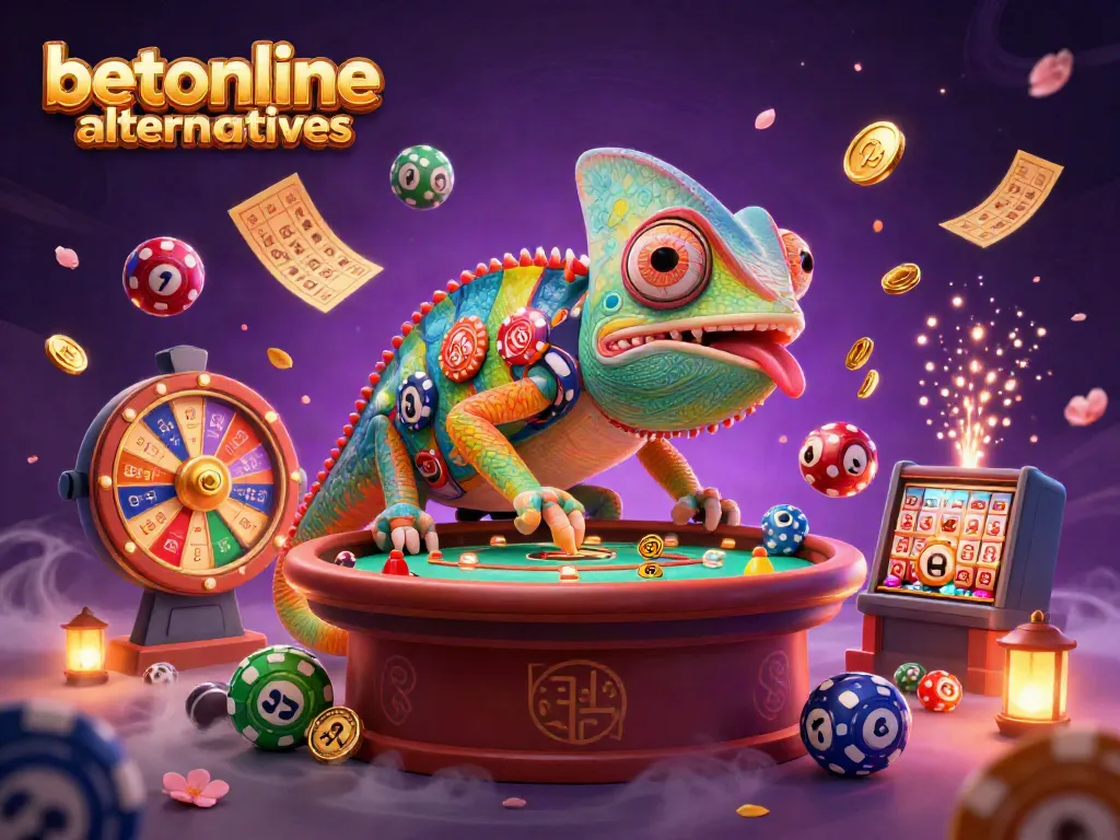 Experience exciting betonline alternatives with a chameleon casino owner and vibrant gaming elements.