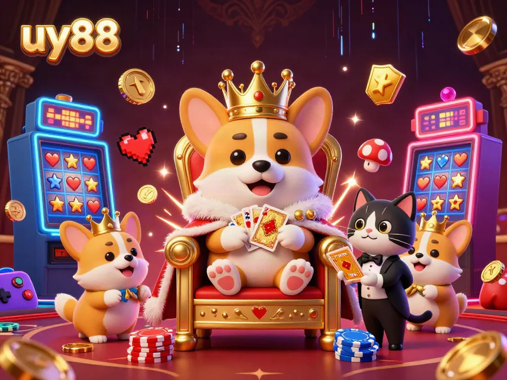 Engage in thrilling games at uy88 with a cartoon royal corgi and vibrant slot machines.