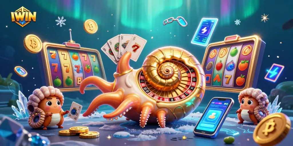 Play slots with IWIN featuring a giant nautilus roulette wheel surrounded by gleaming coins and vibrant game elements.