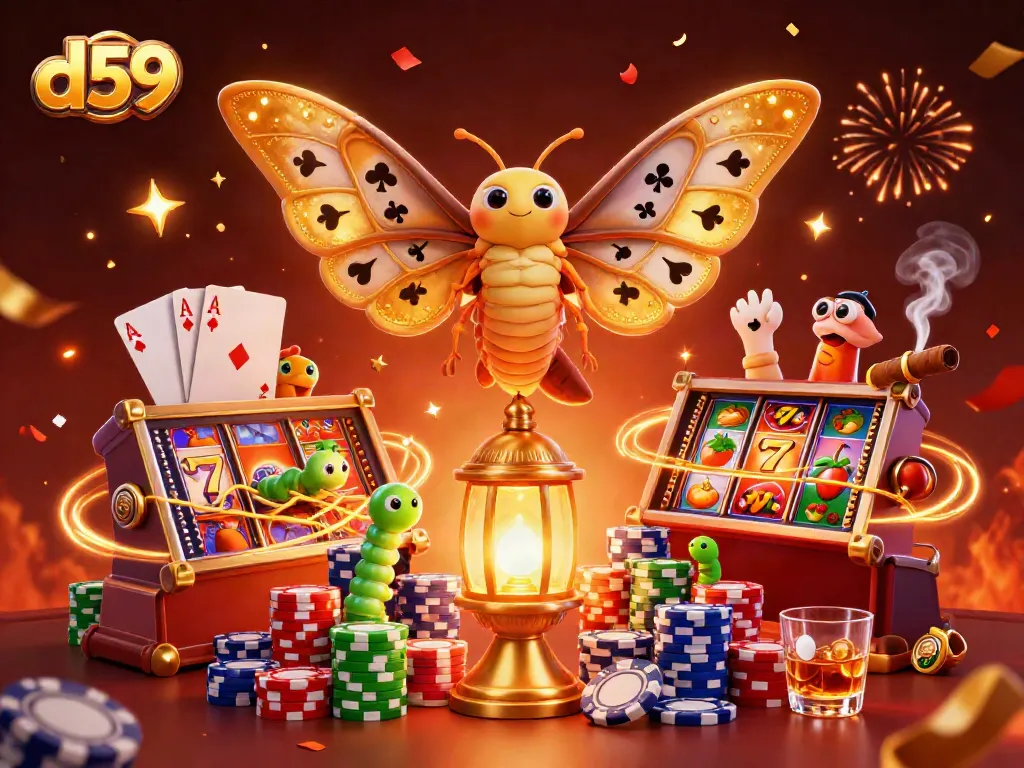 D59 menawarkan visualisasi menggembirakan dalam dunia slot online dengan ilustrasi penuh warna dari karakter kasino.