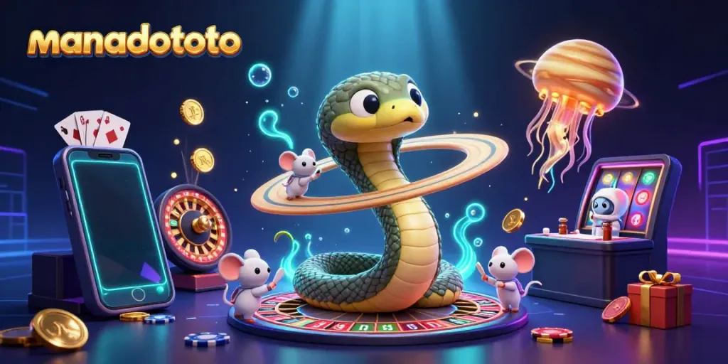 Experience the thrill of gaming at manadototo with vibrant characters and slot game elements in a cosmic setting.