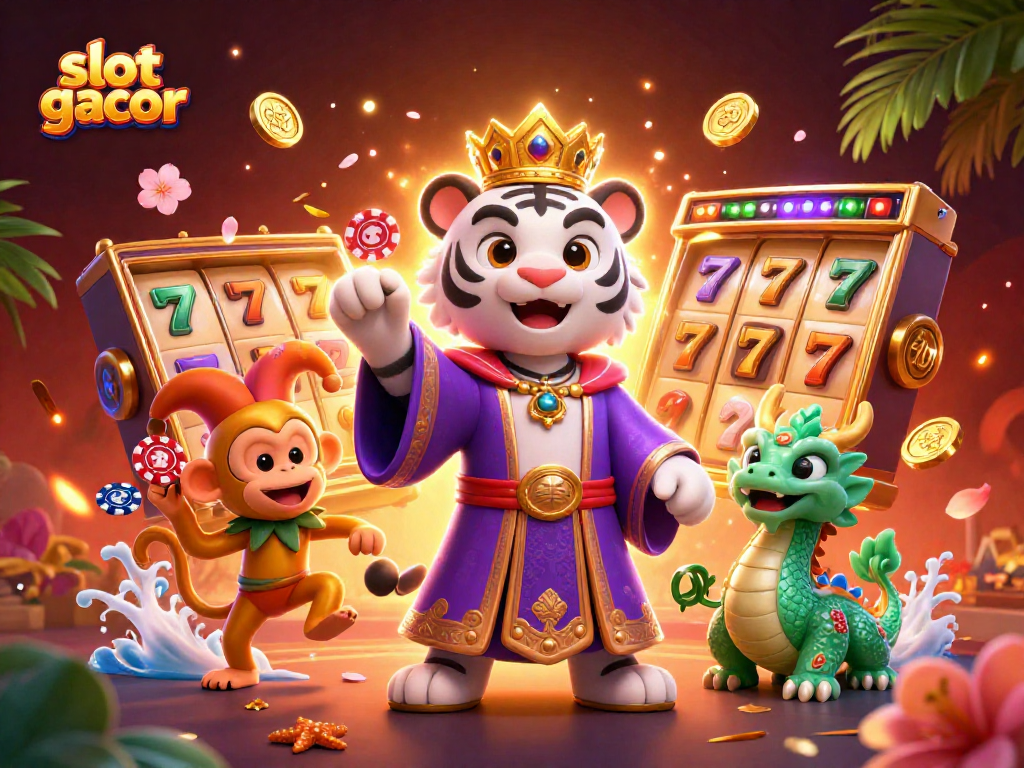 Slot gacor dengan karakter kartun menarik melawan latar belakang kasino berwarna-warni.