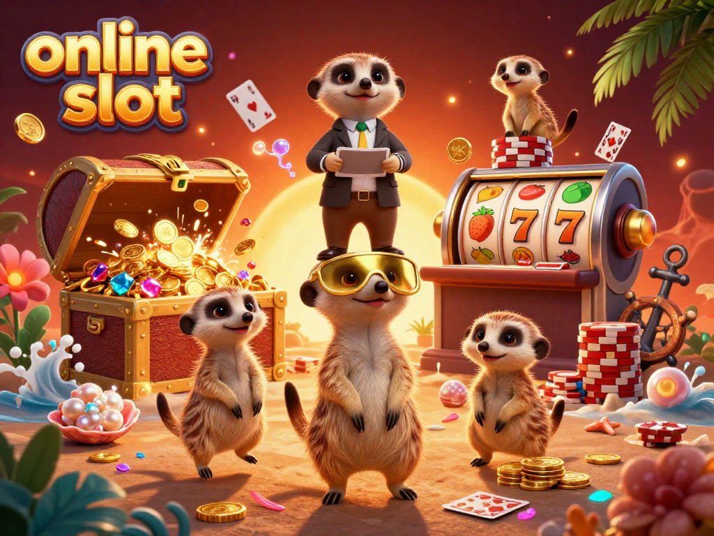 Experience thrilling online slot action with playful meerkats running a vibrant casino.