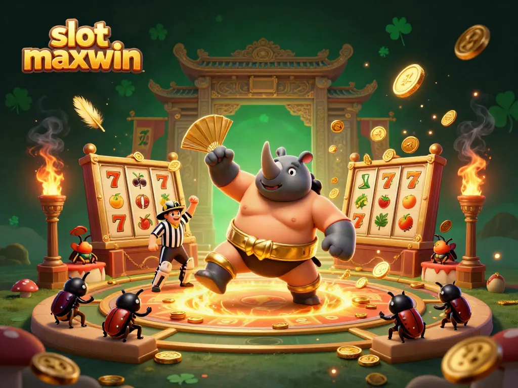 Experience thrilling slot maxwin action with cartoon beetle champions amid swirling coins and vibrant elements.