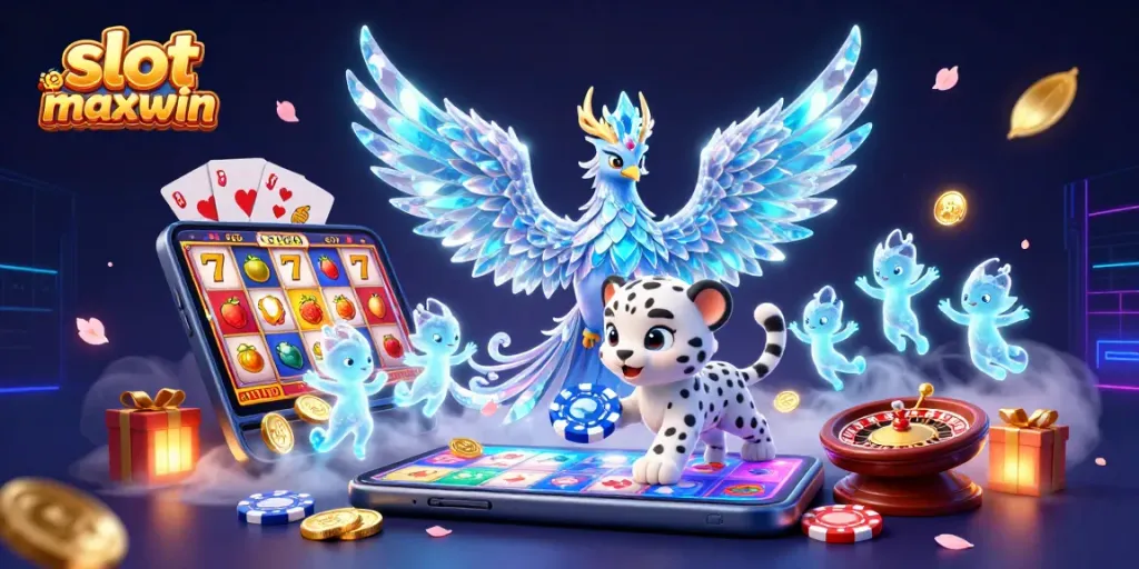 Spin the reels to win big with slot maxwin, featuring an ice phoenix, a snow leopard cub, and vibrant casino elements.