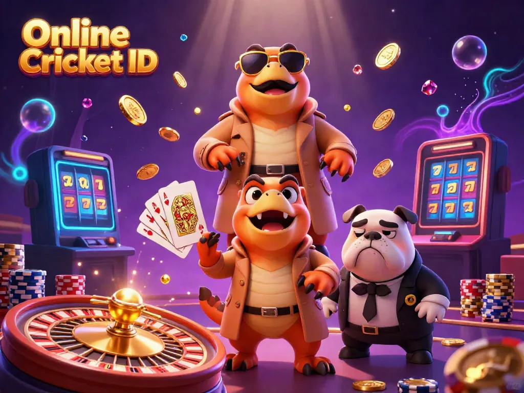 Experience the excitement of Online Cricket ID with a vibrant casino scene featuring raptors and gems.