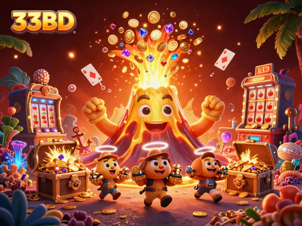 Experience the thrill of winnings at 33BD with vibrant treasures erupting from a golden volcano.