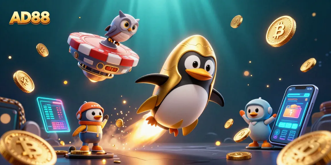 Join the fun at AD88 with a golden penguin and Bitcoin coins racing through a vibrant casino universe!