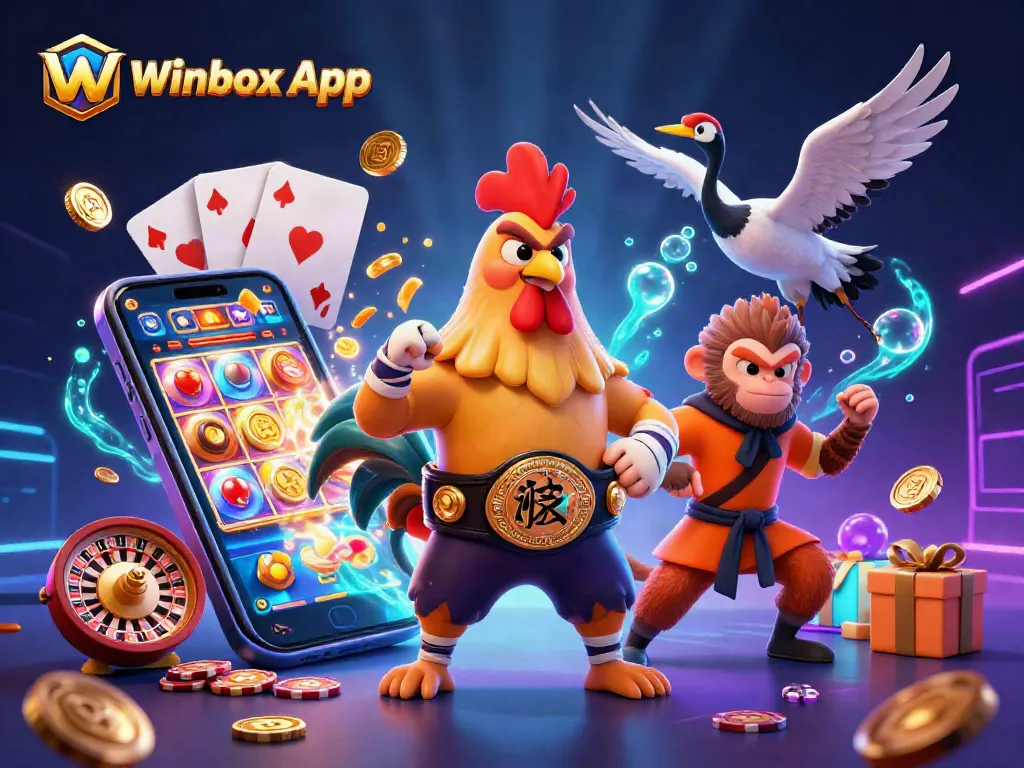 Experience gaming excitement with the Winbox App surrounded by winning symbols and characters.