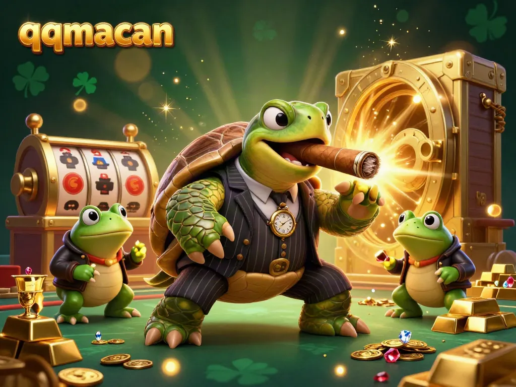 Engage with QQMacan’s thrilling games, featuring a snappy turtle in a suit amidst shimmering casino treasures.