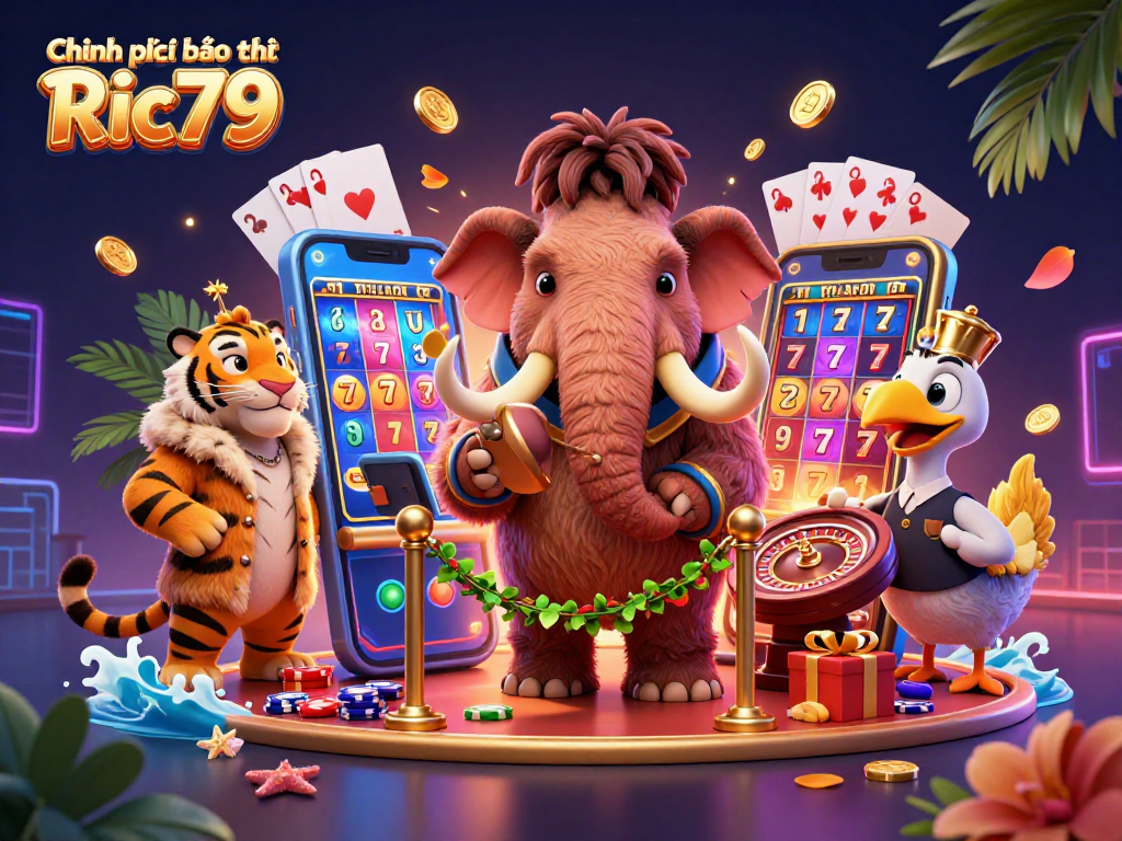 Experience the thrilling action of Chính sách bảo mật Ric79 at a lively casino entry, complete with animated characters.