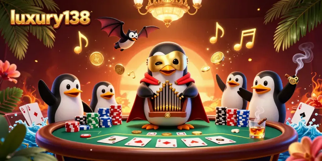 Experience luxury138 with vibrant 3D digital illustration showcasing a cartoon penguin at a poker table.