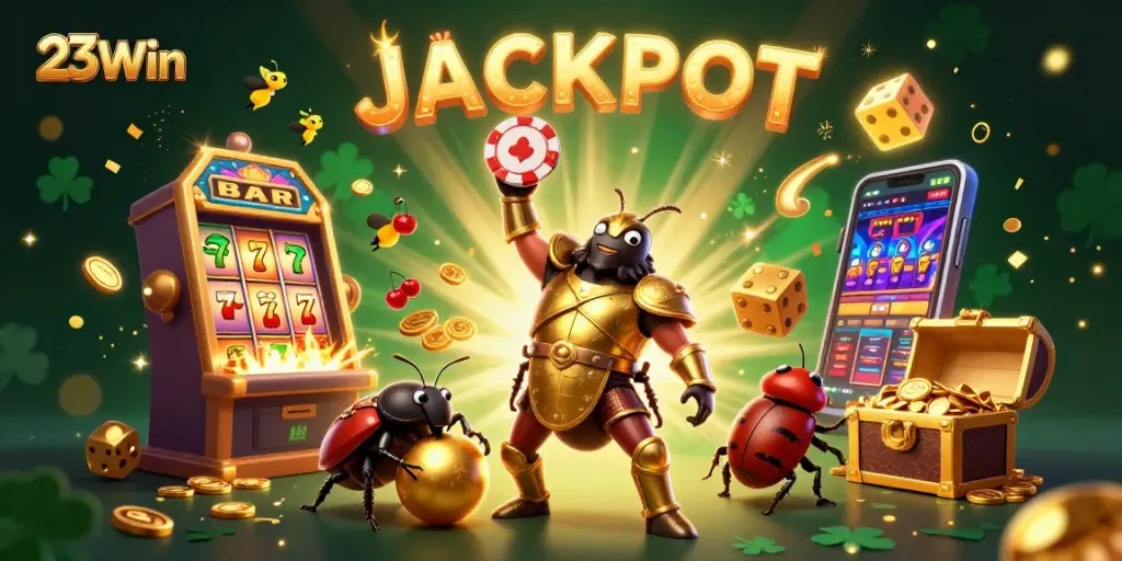 Experience the thrill of 23Win with a victory beetle and jackpot symbols illuminating the casino night!