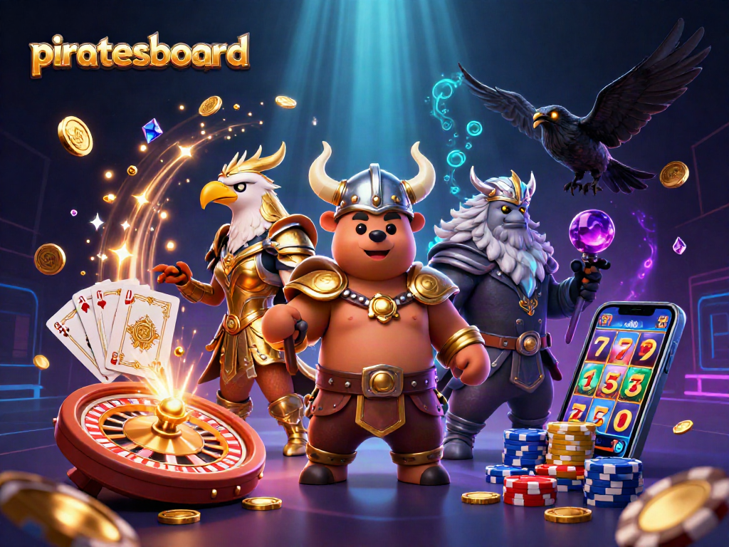Experience the thrill of piratesboard with dynamic 3D casino characters amidst golden coins and vibrant games.