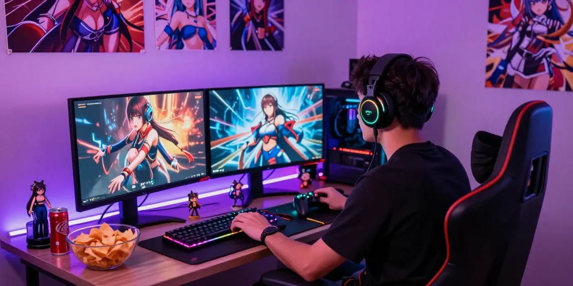 Engaging gaming setup featuring a gamer deep in a hentai game, vibrant RGB lighting, anime figures, and gaming gear.