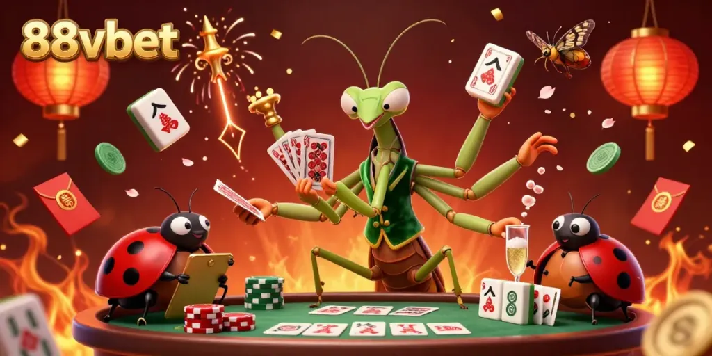 Experience excitement at 88vbet with a dynamic casino scene featuring a card sharp and pit boss surrounded by festive elements.