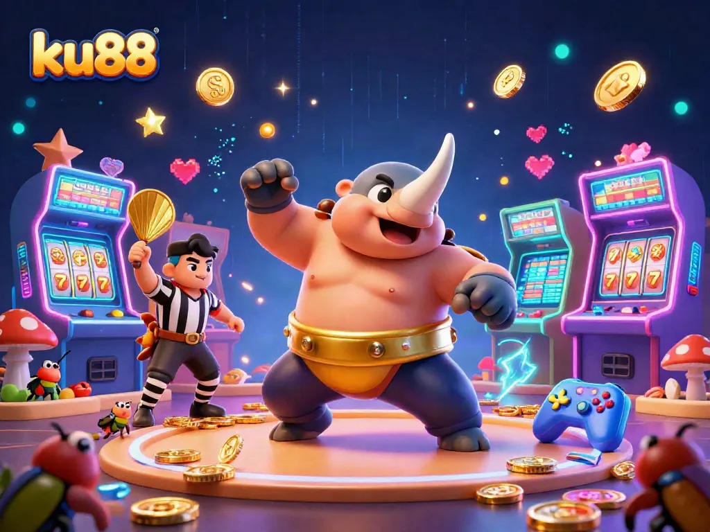 ku88 enhances gaming excitement as a rhinoceros beetle champion sends golden coins flying in a vibrant casino setting.