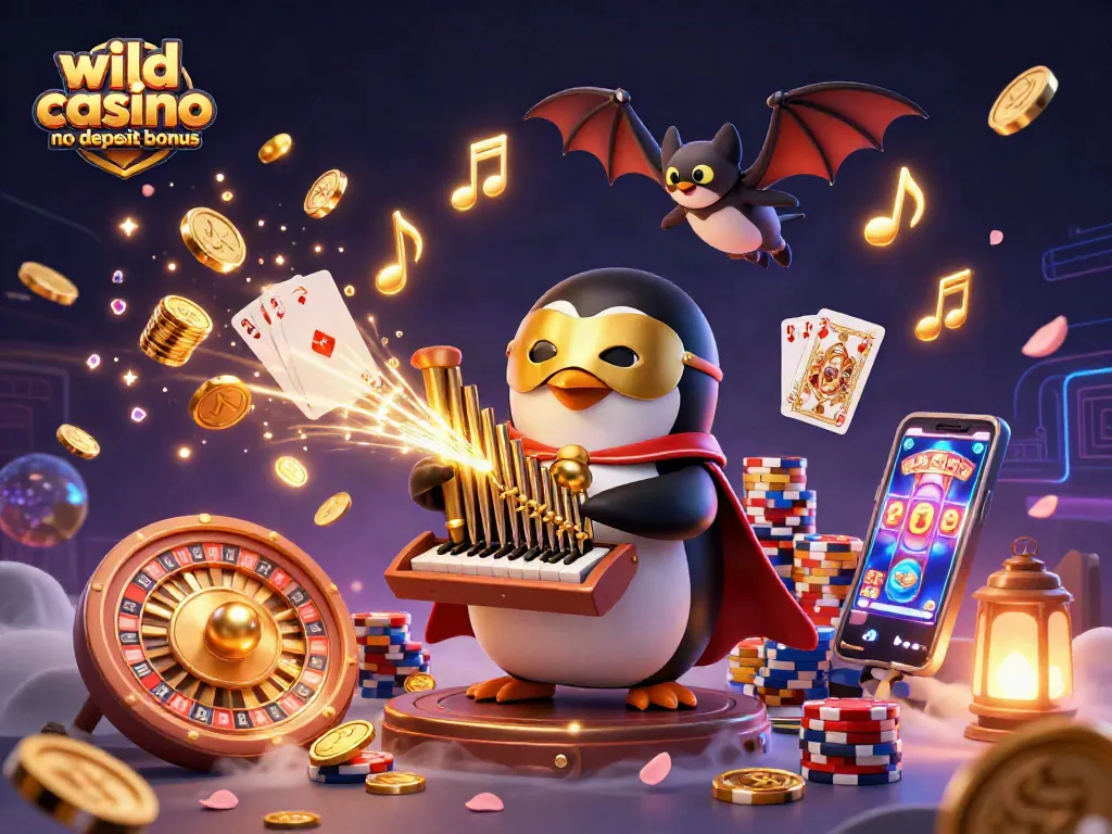 Experience the excitement of gaming with the wild casino no deposit bonus featuring a penguin and bat in a 3D scene.