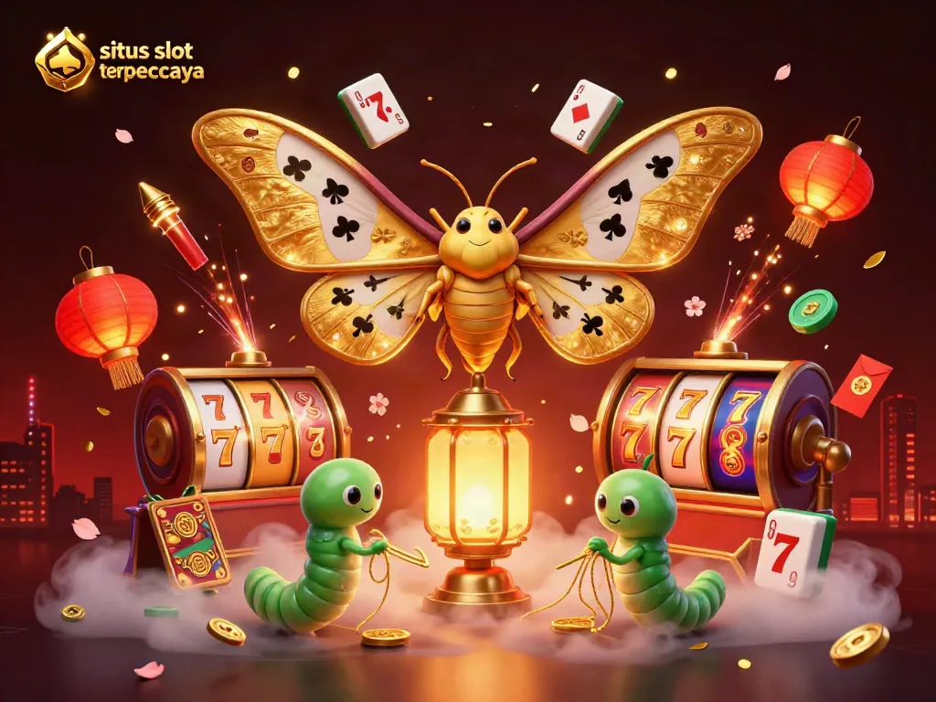 Engage with situs slot gacor terpercaya through vibrant casino scenes featuring golden moths and intricate slot designs.