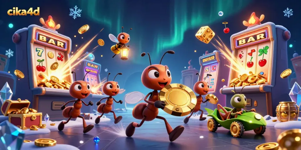 Cika4d themed illustration of cartoon ants performing a heist with a golden poker chip.