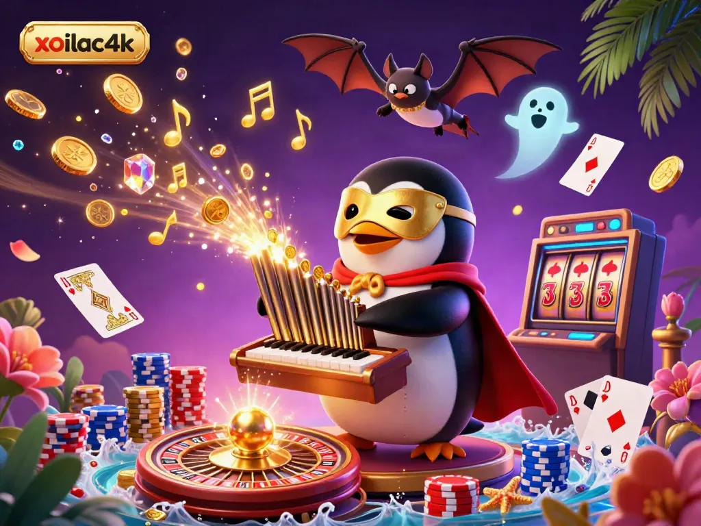 Experience the excitement of xoilac4k casino gaming with vibrant illustrations of dynamic characters and casino elements.