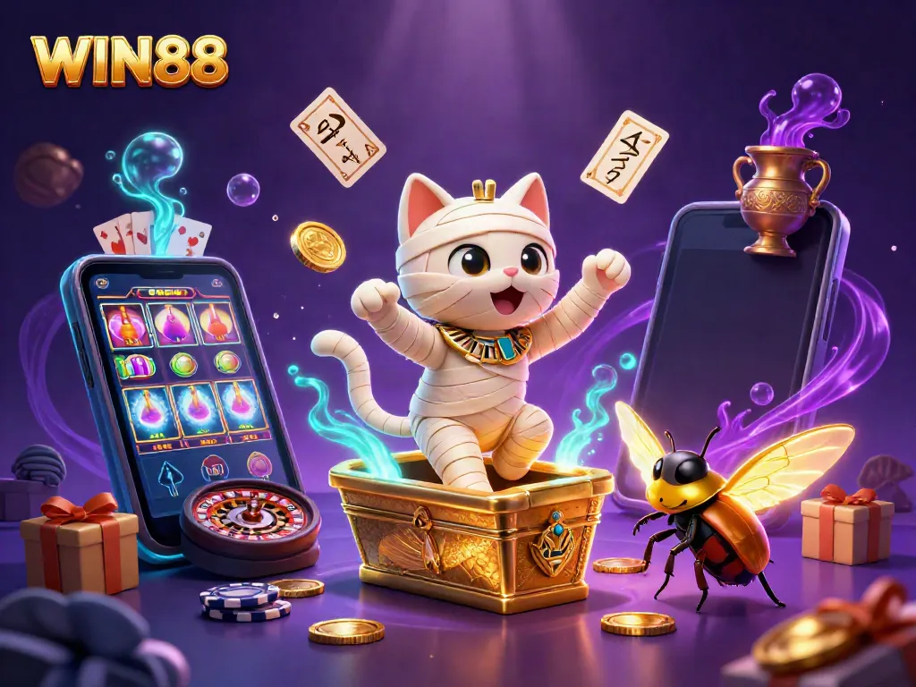 Experience excitement with WIN88 in a vibrant casino scene featuring an Egyptian mummy cat and interactive games.
