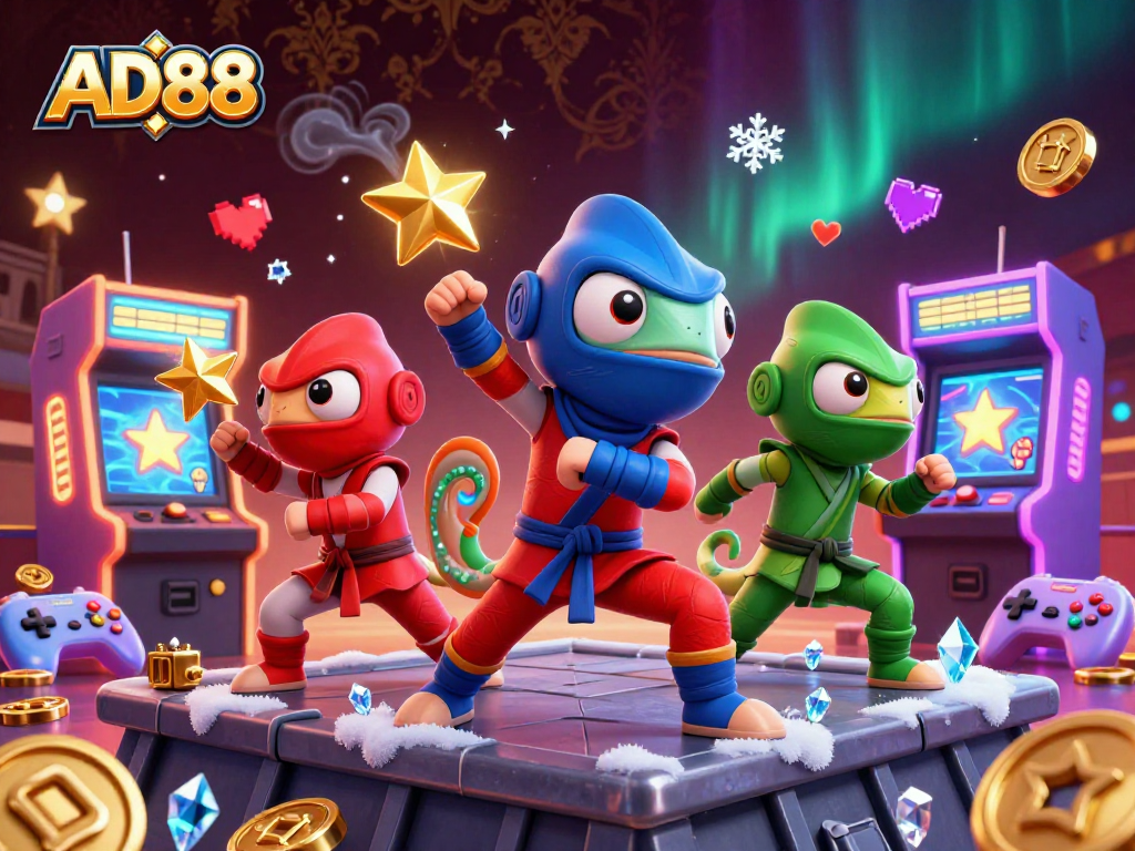 Experience gaming thrills with AD88's vibrant 3D ninja chameleons and glowing game elements.