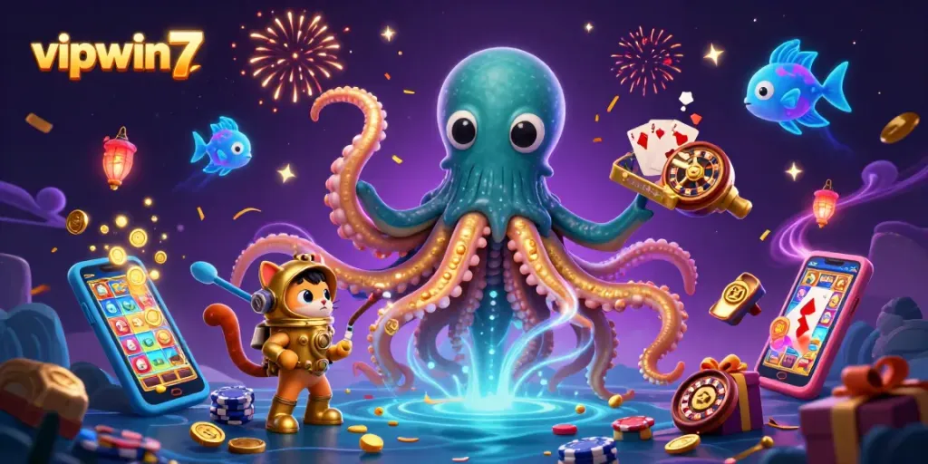 Join the excitement with vipwin7's dynamic casino gaming scene featuring a magical kraken.