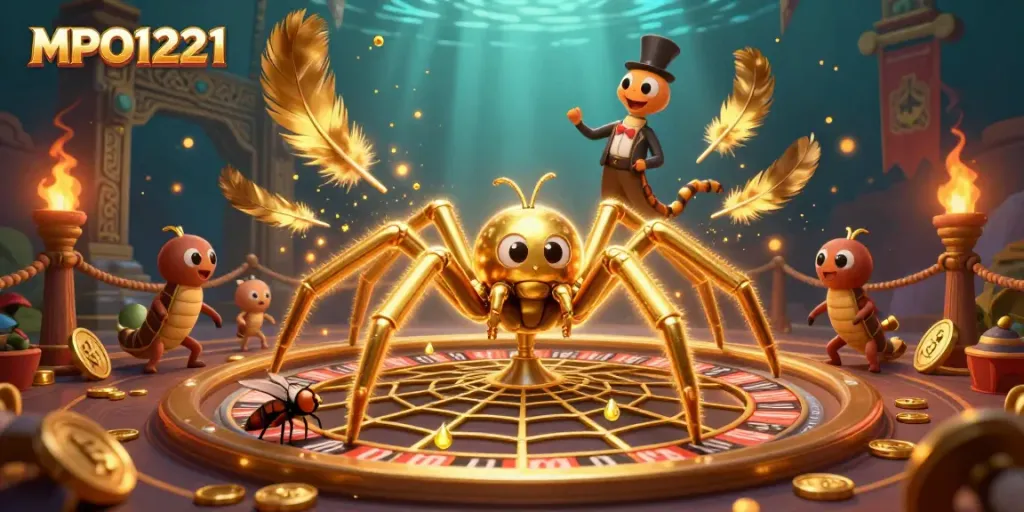 Experience the thrill of MPO1221 with a golden spider and centipede croupier in a dramatic roulette-themed scene.