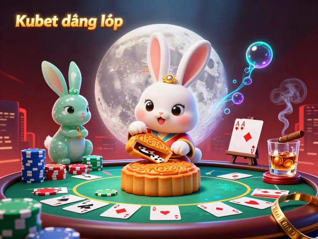 Kubet đăng nhập showcases a moon rabbit and jade rabbit in a casino-themed lunar setting with poker elements and vibrant colors.