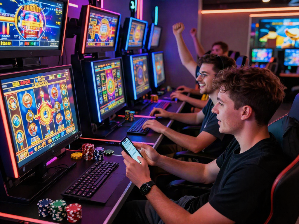 Exciting bandar slot gaming atmosphere with players celebrating wins.
