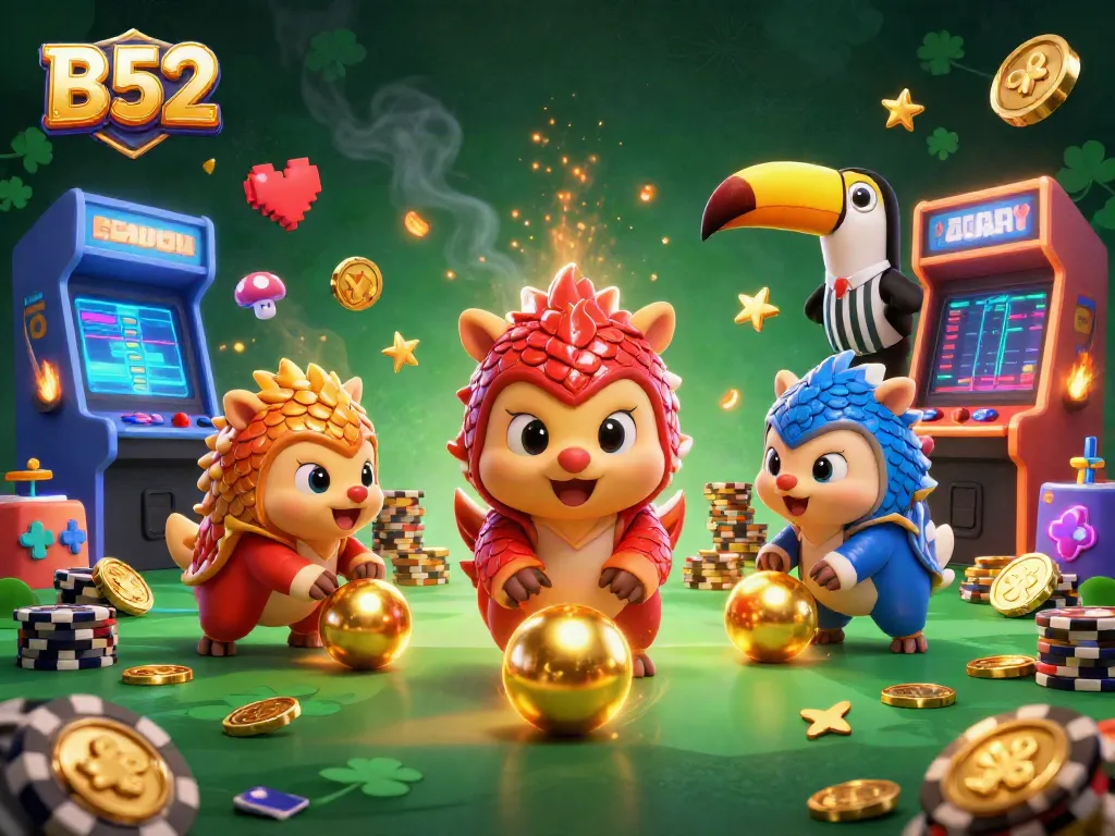 Engage with B52-themed gaming excitement as rival pangolins roll through poker chips in a vibrant casino scene.