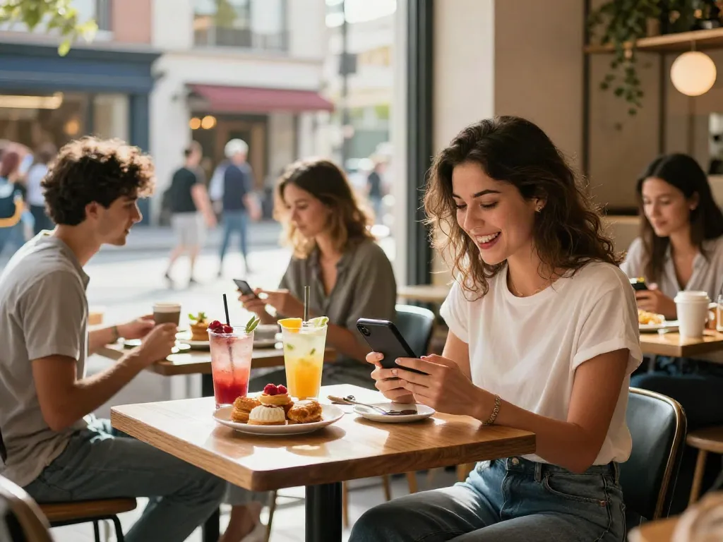 Friends enjoying drinks and pastries in a trendy café, embodying the akunjp lifestyle.