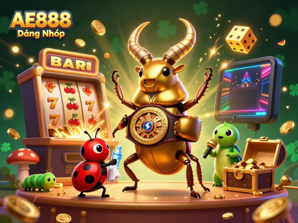 Experience the thrilling world of AE888 Đăng Nhập with this vibrant casino-themed 3D illustration.