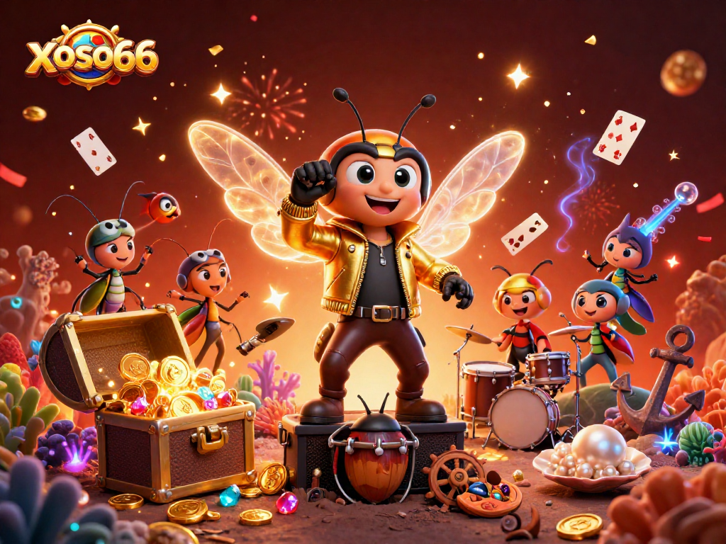 Engage with xoso66 in an upbeat casino-themed scene featuring a cicada rock star and treasure.