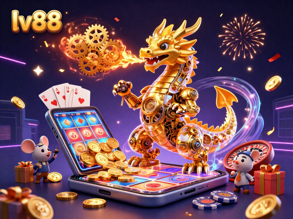 Experience the excitement of lv88 with a golden dragon and vibrant gaming elements in a dynamic casino scene.
