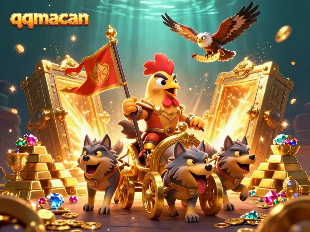 Engage in thrilling gameplay with qqmacan, a vibrant 3D scene featuring a rooster warlord amidst treasures.