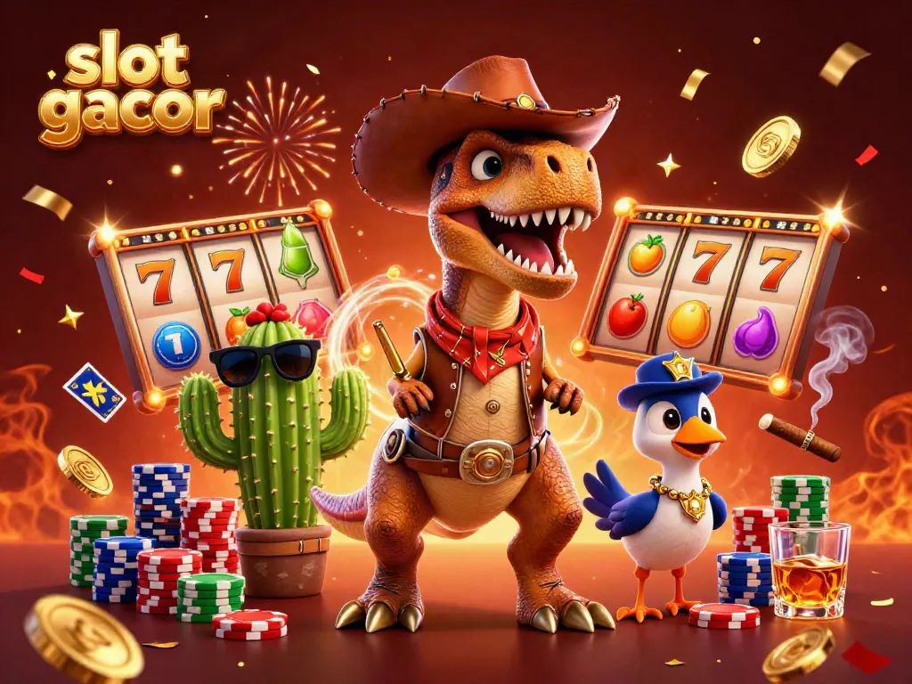 Experience rich slot gacor action with a dino, cactus, and roadrunner at a lively casino scene.