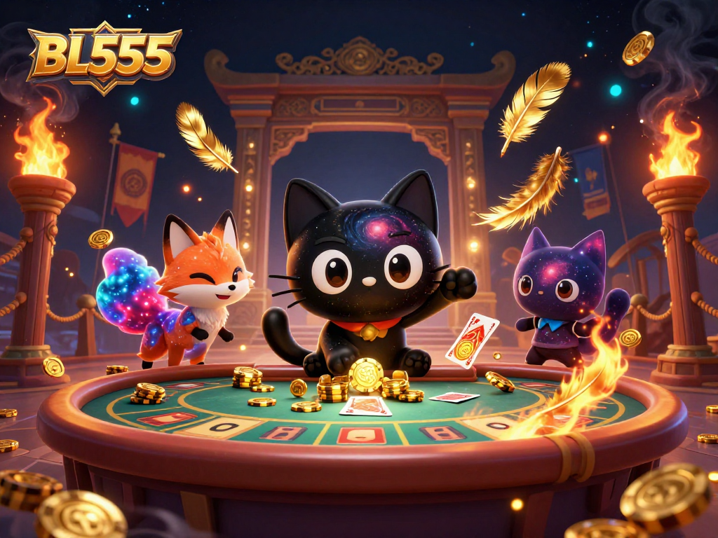 Experience gambling excitement at BL555 with a cosmic black hole cat and nebula fox navigating a vibrant casino.