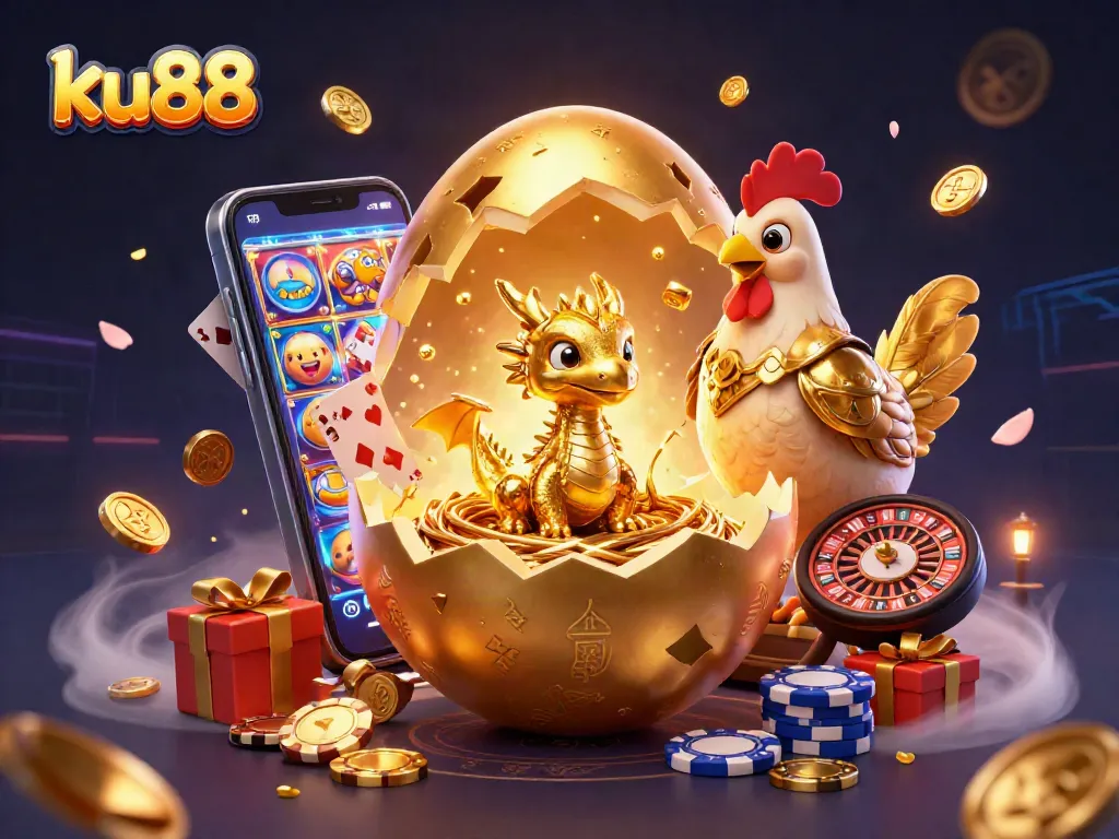 ku88 showcases a vibrant 3D dragon emerging from a golden egg on poker chips, symbolizing luck in gambling.