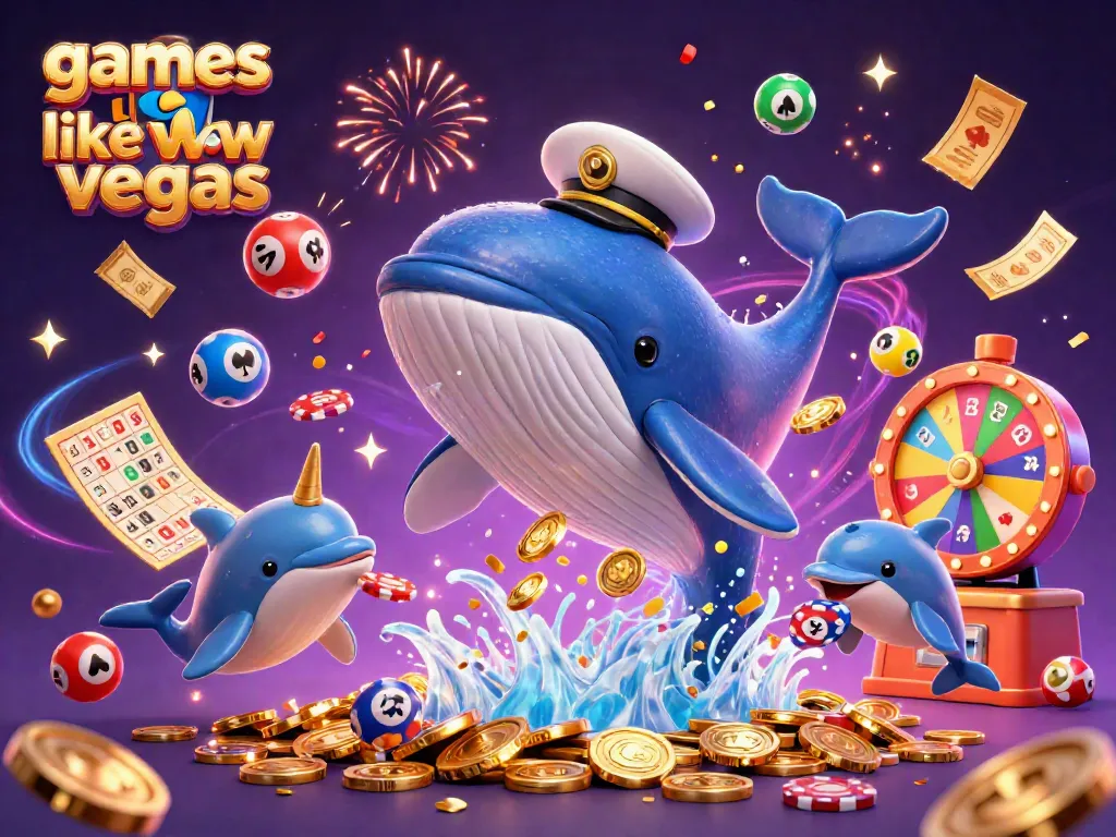Experience games like wow vegas with thrilling whale and dolphin casino fun in vibrant illustration.